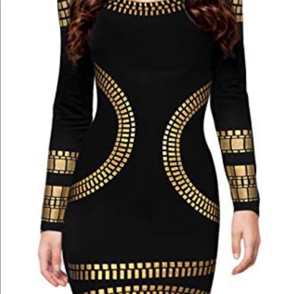 Ladies size Large black dress with gold print/foil